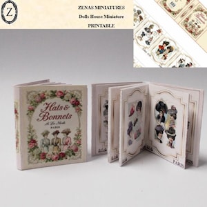 May include: Miniature book titled "Hats & Bonnets A La Mode PARIS" with illustrations of hats and women. The book is surrounded by floral designs in pink and white. The image also includes a strip of matching miniature paper.