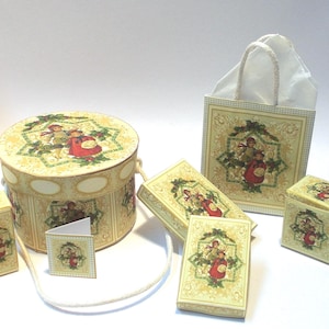 Dolls House Christmas hat box, gift boxes & bag set -7 items! Miniature 1:12