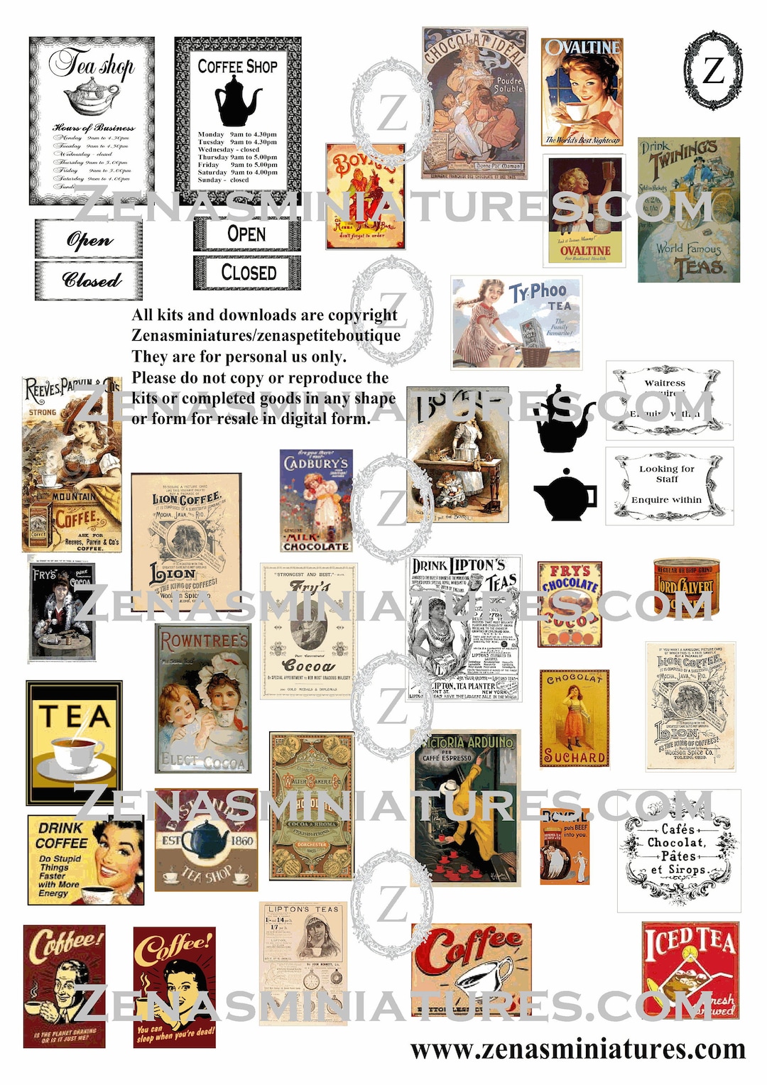 dollhouse - tea room/coffee shop download pdf/printie kit