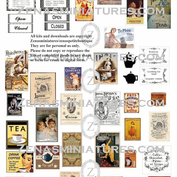 Dollhouse - Tea room/coffee shop Download pdf/printie KIT - miniature 1/12th posters/adverts