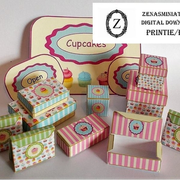 Dollhouse Cupcake box Download kit - No3 1/12th  miniature pdf