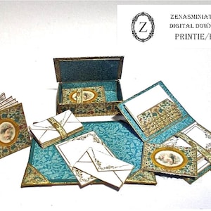 Dollhouse Stationery kit to make desk set,box,notelets,diary-Vintage Lady Blue-digital download pdf