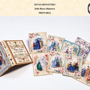 May include: A set of printable dolls house miniature cards and a folded booklet featuring vintage-style illustrations of figures in period clothing, floral borders, and the text Haute Couture De Lattiline PARIS. The items are displayed on a plain surface.