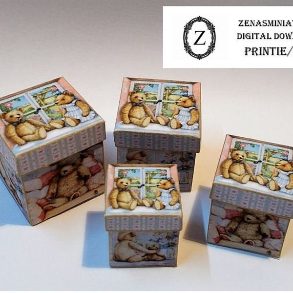 Dollhouse printie kit makes 4 teddy Bear Boxes - Digital pdf