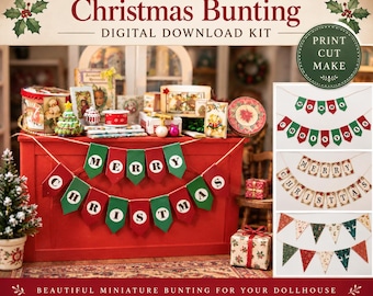 May include: A Christmas Bunting digital download kit featuring miniature pennants with the text Merry Christmas. The kit includes printable designs in red and green, with additional patterns shown in the side panels. The text Print Cut Make is displayed in a green circle, and the main title reads Christmas Bunting Digital Download Kit.