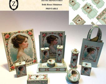 Dollhouse Perfumery Display stand, Gift bag, poster &, 9 perfume toiletry boxes – Miniature Printie Download Kit 1/12