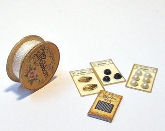 Dollhouse Mini Haberdashery Set no3 ribbon, needle pack, buttons 1/12th