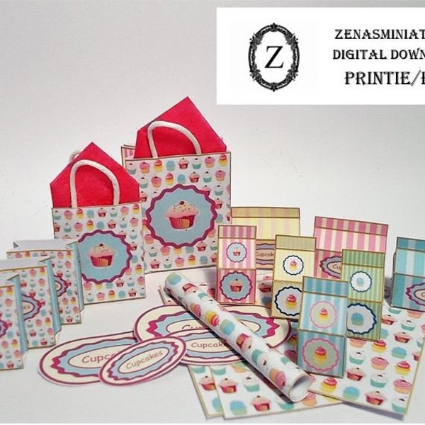 Dollhouse Cupcake box printable Download kit - 20 items to cut out and make!