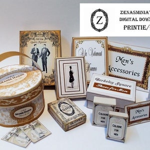 May include: A collection of miniature printable items for dollhouses, including a hatbox, a pair of shoe boxes, a box of gloves, two cologne boxes, and several signs with text such as "Men's Accessories", "Berkeley Square Shoes for Men", and "Grande Maison".