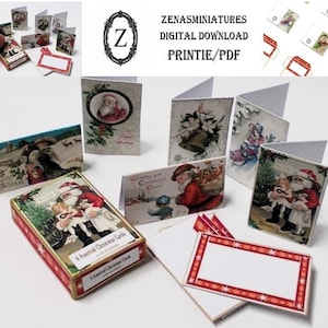 Op de afbeelding: Miniatuur kerstkaarten met vintage illustraties van de kerstman, kinderen en winterse taferelen. De kaarten zitten in een doos met het label "6 Assorted Christmas Cards" en bevatten blanco kaarten met rode randen. De tekst "ZENASMINIATURES DIGITAL DOWNLOAD PRINTIE/PDF" is ook zichtbaar.