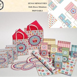 May include: A collection of miniature paper craft items including shopping bags with red handles, small boxes, and oval labels, all featuring a colorful cupcake pattern. The text ZENAS MINIATURES Dolls House Miniature PRINTABLE is visible.