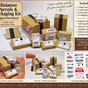 May include: A digital download kit for miniature parcels and packaging, featuring 1/12th scale brown cardboard boxes, envelopes, and 55 assorted shipping labels with text including Prime, USPS Priority Mail, Royal Mail, Fragile, and Air Mail.