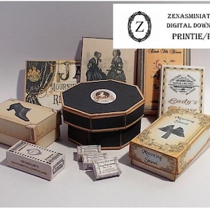 May include: A collection of printable miniature boxes with vintage designs. The boxes feature images of shoes, a mourning shawl, and a lady's blouse. The boxes are labelled with the text "Mourning Shawl", "Lady's Blouse", and "CRIMSHAN'S".