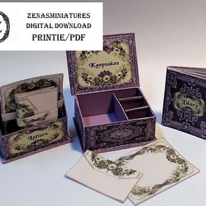 Dollhouse kit - Make Dressing Table Set-Violet- keepsake box,diary,stationery 1/12th Miniature Digital download/pdf
