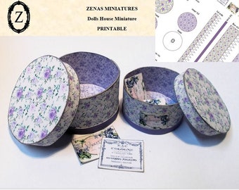 Dollhouse Download-Hat Box set Lilac Rose instant digital/pdf/printie KIT - miniature 1/12th