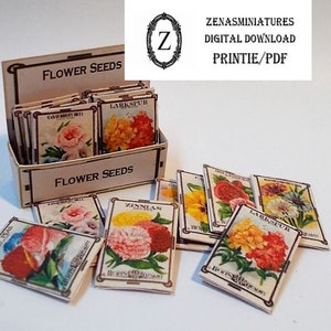 Scatola espositiva per semi di fiori per casa delle bambole e 8 confezioni di semi Download/pdf/printie 1/12th Miniature