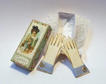 Dollhouse gloves with box Miniature 1:12 cream and blue