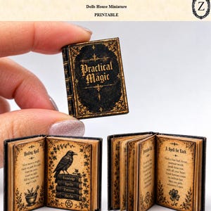 Puede incluir: Un libro en miniatura titulado Practical Magic con cubierta negra y filigrana dorada. Las páginas abiertas muestran papel envejecido, una ilustración de un cuervo negro, una pila de libros y el texto de un hechizo para la buena suerte.