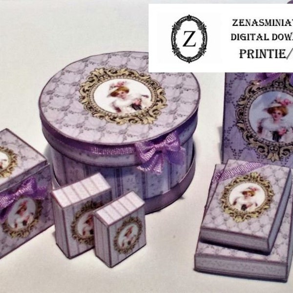 Dollhouse Delphine Download/pdf-Hat Box, Gift Bag, 2 presentation boxes & 2 toiletry boxes kit Miniature 1/12th Digital