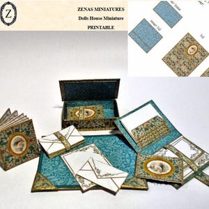 Dollhouse Stationery kit to make desk set,box,notelets,diary-Vintage Lady Blue-digital download pdf