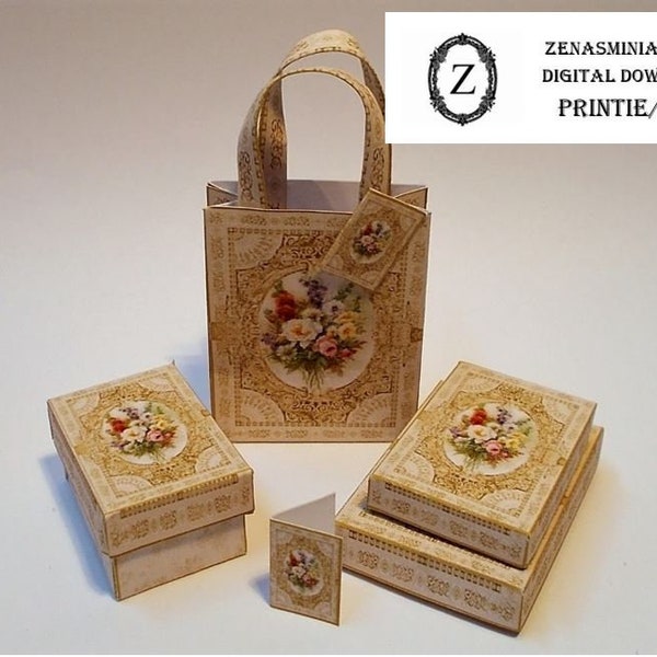 Dollhouse Box & Bag printable Download/pdf - Floral no2 Miniature 1/12th Digital