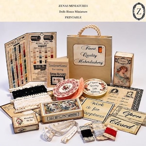 May include: A collection of miniature paper craft items including a shopping bag labeled Finest Quality Haberdashery, a sewing machine instruction booklet, various boxes, spools of thread, lace trim, and signs reading Work for Happiness, Open, and Closed.