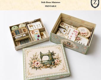 Dollhouse Shabby Chic sewing box & sewing notions DIY kit 1/12th miniature