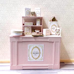 Dolls house decorated Macaron Baker Confectioners Shop Counter & shelf stand handmade 1/12th scale