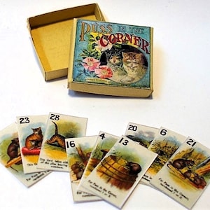 Vintage kaartspeldoos poppenhuis - Puss in the corner 1 1/12e miniatuur