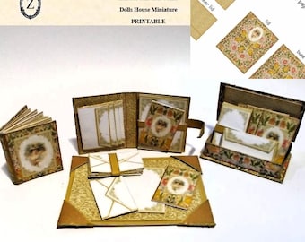 Dollhouse Stationery kit to make desk set,box,notelets,diary-download 1/12th Vintage Lady
