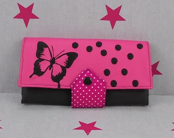 pinkeSterne * Portemonnaie SCHMETTERLING + PUNKTE Geldbörse Geldbeutel Handmade Pink Schwarz Stickerei