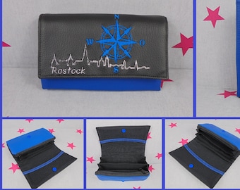 pinkeSterne * Portemonnaie ROSTOCK Skyline Geldbörse Geldbeutel Brieftasche Handmade Kompass Blau