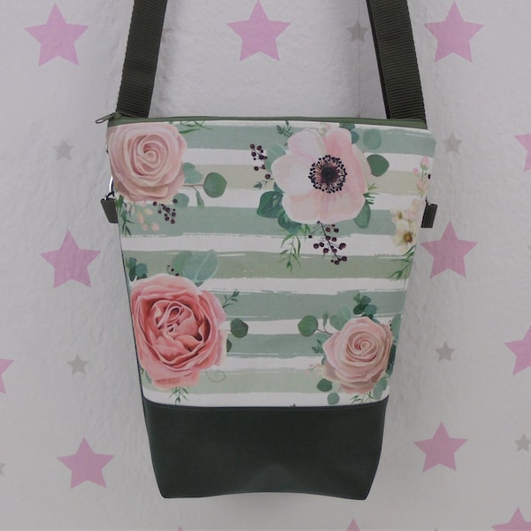 pinkeSterne * Handtasche Rose Umhängetasche Rucksack Handmade Blumen Muster Dunkelgrün Floral