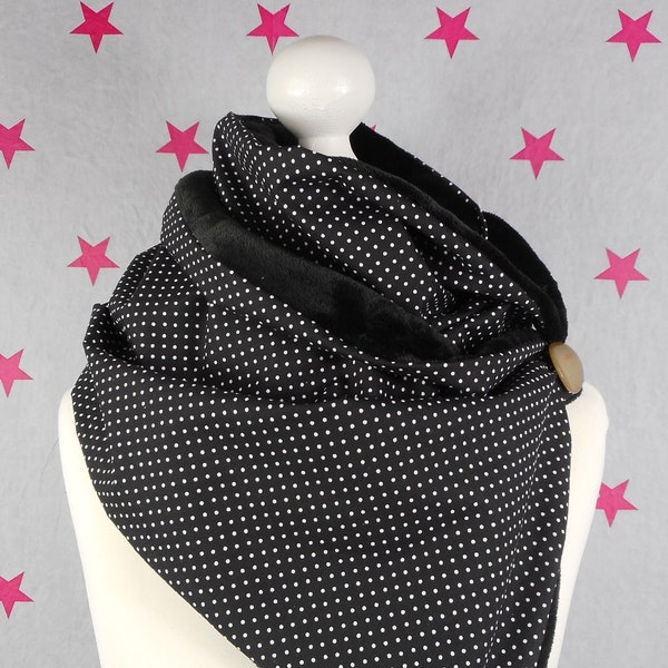 pinkeSterne * Warmer Fleece Schal Knopfschal Schwarz Punkte Dots Damenschal Wickelschal