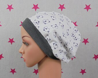 Knotenmützen+Beaniemützen aus Jersey rosa mit Schafe Knotenmützen+Beaniemützen aus Jersey rosa mit Schafe
