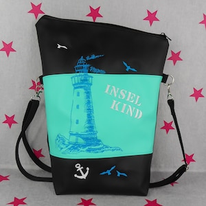 pinkeSterne * Große Umhängetasche INSELKIND Maritim Handtasche Schultertasche Stickerei Handmade Schwarz Leuchtturm Anker