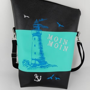 pinkeSterne * Große Umhängetasche LEUCHTTURM Maritim Handtasche Schultertasche Kunstleder Bestickt Stickerei Handmade Schwarz Hellblau