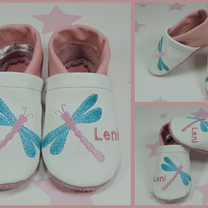 pinkesterne * Lederpuschen LIBELLE Puschen Krabbelschuhe Hausschuhe Mädchen Junge Name