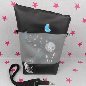 pinkeSterne * Große Umhängetasche PUSTEBLUME Feder Schmetterling Handtasche Schultertasche Schwarz Grau Türkis