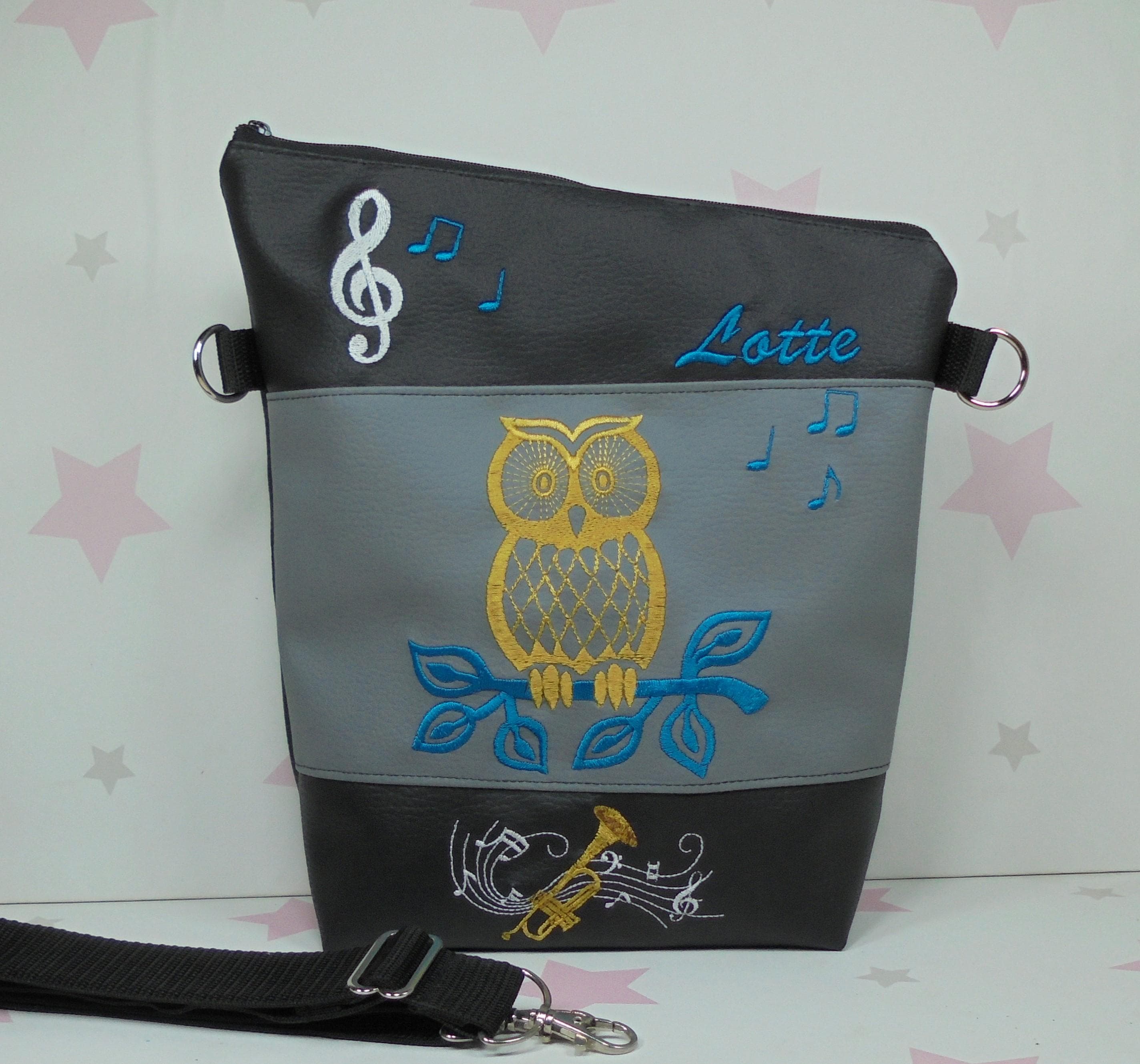 pinkeSterne * Handtasche EULE + TROMPETE Umh&auml;ngetasche Schultertasche Handmade OWL
