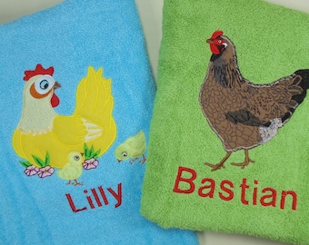 pinkeSterne * Besticktes Handtuch Duschtuch HENNE HAHN mit Motiv Personalisiert Name Badetuch Kücken Hühner