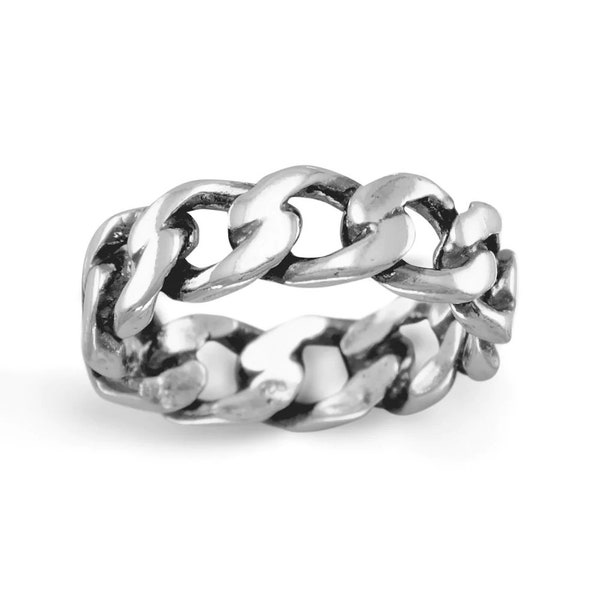 Oxidized Sterling Silver Curb Chain Ring Chain Band Ring 6mm Wide Band Ring Gift for Him Gift For Her Unisex Ring