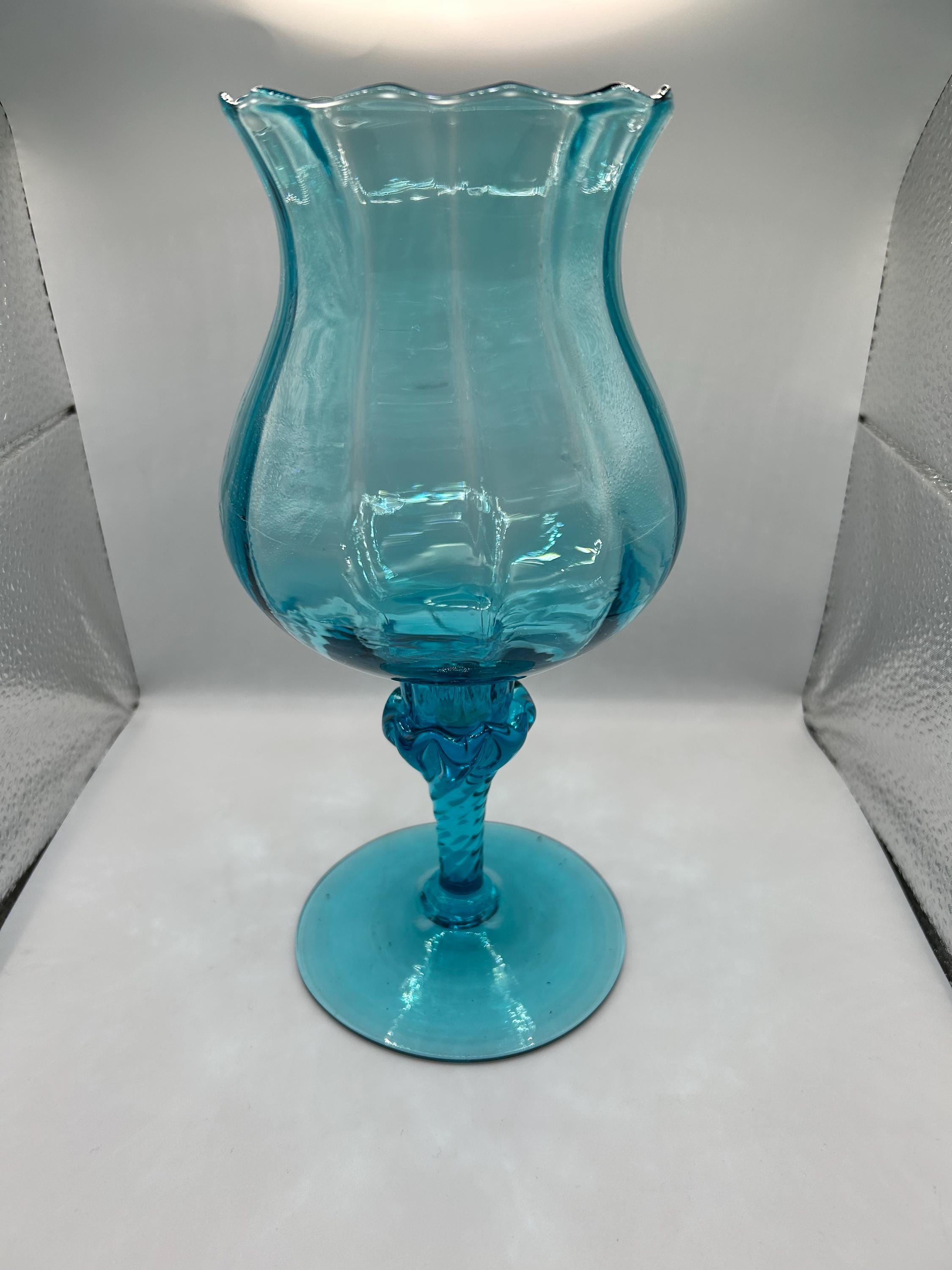 Vintage Italian Empoli Aqua Blue Hurricane Glass Candle Holder 9.5”