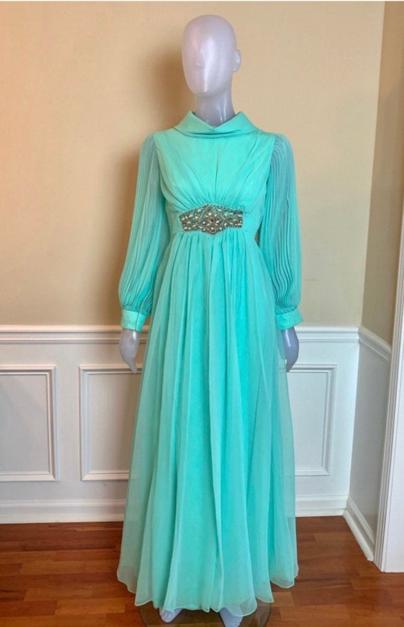 Vintage Sea Foam Green Chiffon Pleated Long Sleeve Size 10 Formal Dress -  Etsy