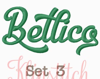 May include: Green cursive font embroidery design for the name "Bellico" with the text "Kanstitch Set 3" below.