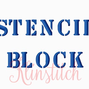 May include: Stencil Block, a blue text graphic with the words "STENCIL BLOCK" in a bold, sans-serif font.
