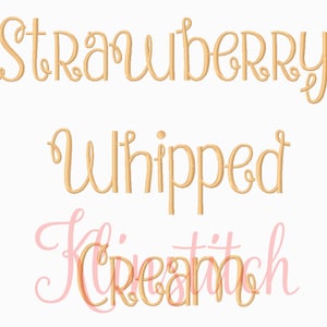 May include: Gold embroidery design for a sewing project, featuring the words "Strawberry Whipped Cream" in a cursive font.