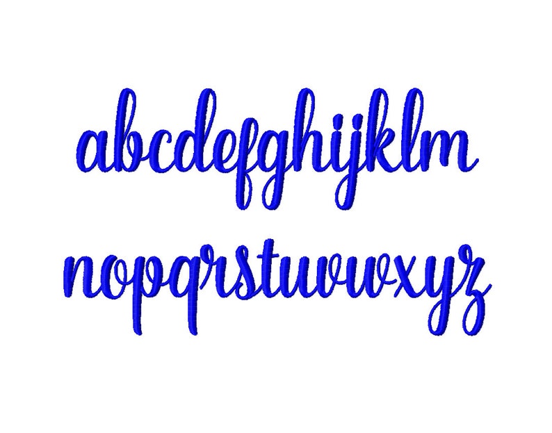 Op de afbeelding: Een blauw cursief alfabet met kleine letters van a tot en met z.