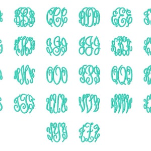 May include: A collection of 26 different monogram designs featuring a variety of letter combinations in a circular shape. The monograms are all in a teal color.