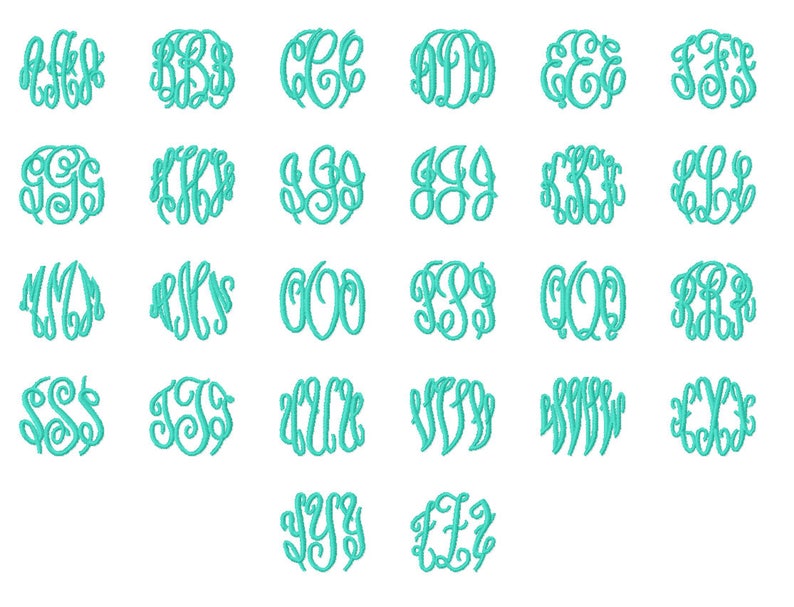 May include: A collection of 26 different monogram designs featuring a variety of letter combinations in a circular shape. The monograms are all in a teal color.